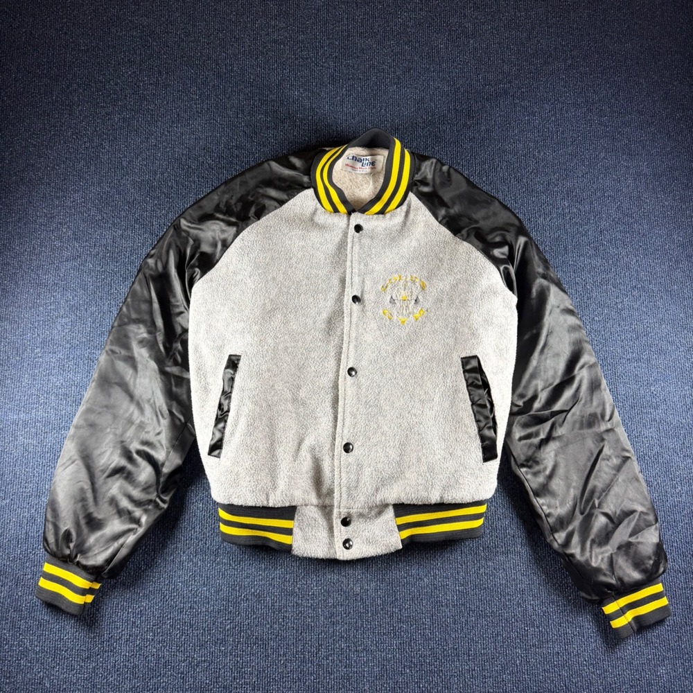 Gold's Gym Varsity Bomber Jacket Mens L Pit23 Len24.5 Gray Fleece Vintage